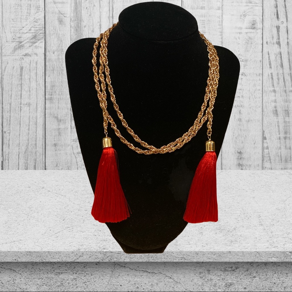 3/$25 🔴 Red Tassels Long Gold Chain Necklace